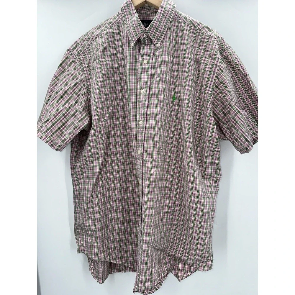Polo Ralph Lauren Pink Green Plaid Short Sleeve Button‎ Down Mens Large Classic